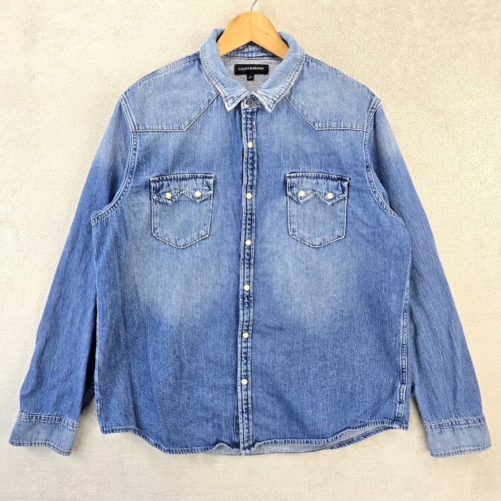 Lucky Brand Sawtooth Denim Western Shirt Mens Large Blue Pearl Snap Cowboy